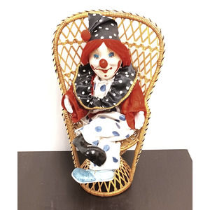 Clown Ceramic Vintage sitting on Wicker Princess Chair